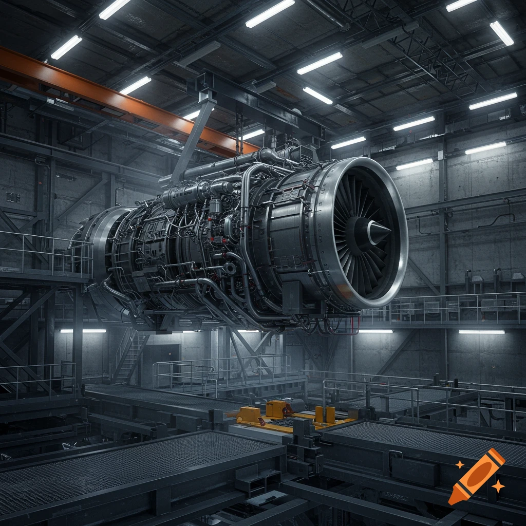 A detailed, photorealistic view of a large jet engine suspended by a ...