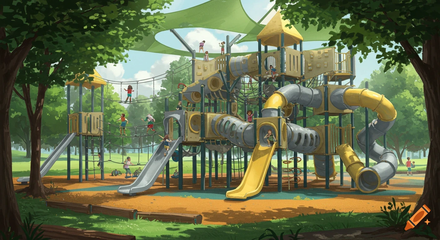 Illustrated view of a large, complex outdoor playground with many children playing on slides, ropes, and climbing structures.