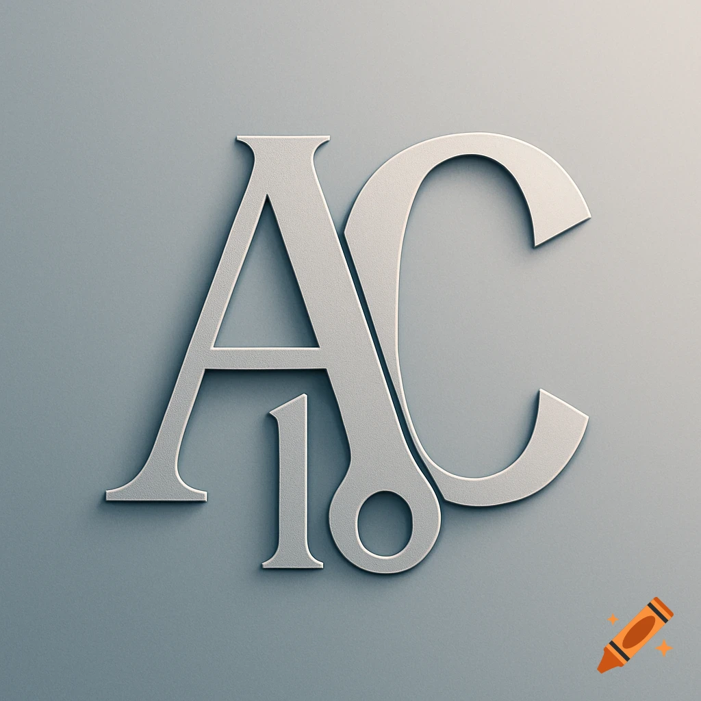 A gray monogram logo featuring the letters AC and the numbers 10 subtly integrated into their design, with a textured, debossed effect.
