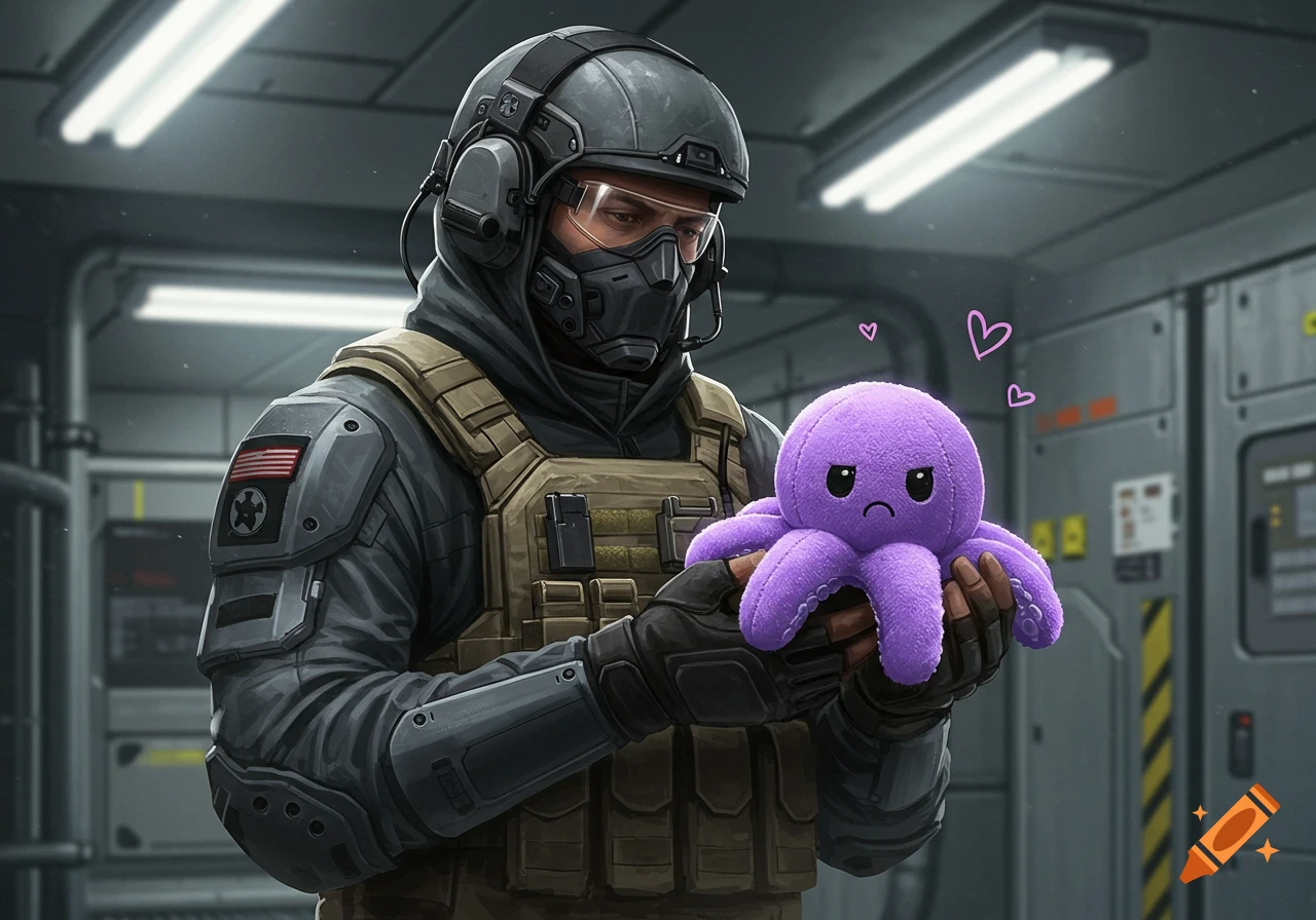 A military operator in tactical gear holds a cute purple octopus plushie with a frown in a sci-fi setting.