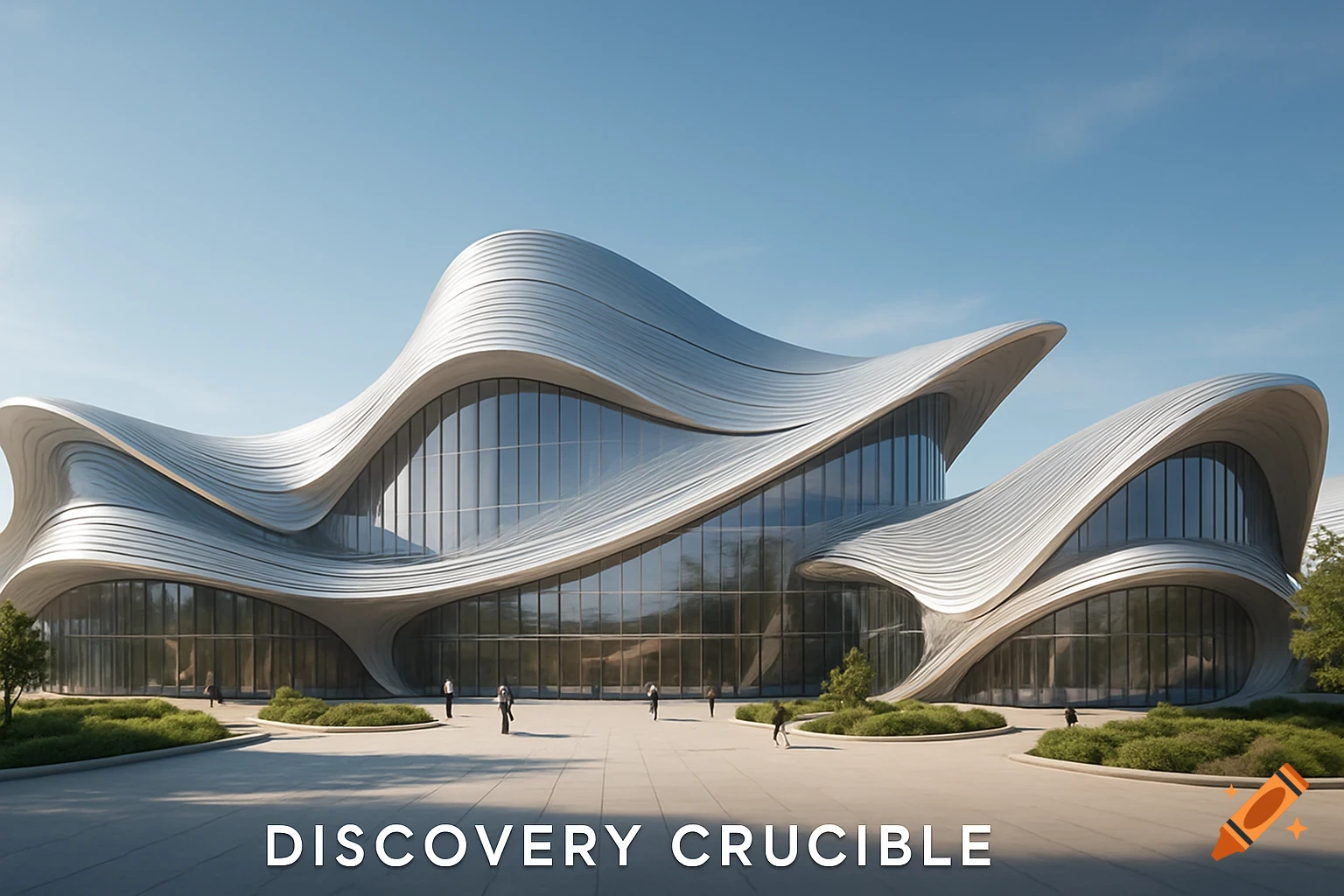 A sleek, modern building with a wavy, silver roof and large glass windows, surrounded by landscaping, with 'DISCOVERY CRUCIBLE' text.