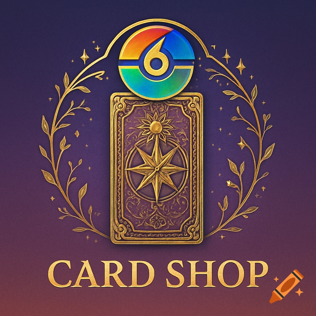 A stylized gold logo for a 'CARD SHOP' featuring an ornate tarot-like card, golden vines, and a colorful circular emblem with a '6', on a purple gradient background.
