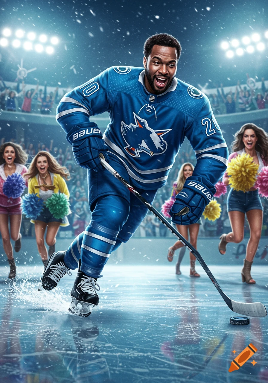 A joyful Black hockey player in a blue jersey skates on ice with a stick and puck, cheered on by women and a crowd in a stadium.