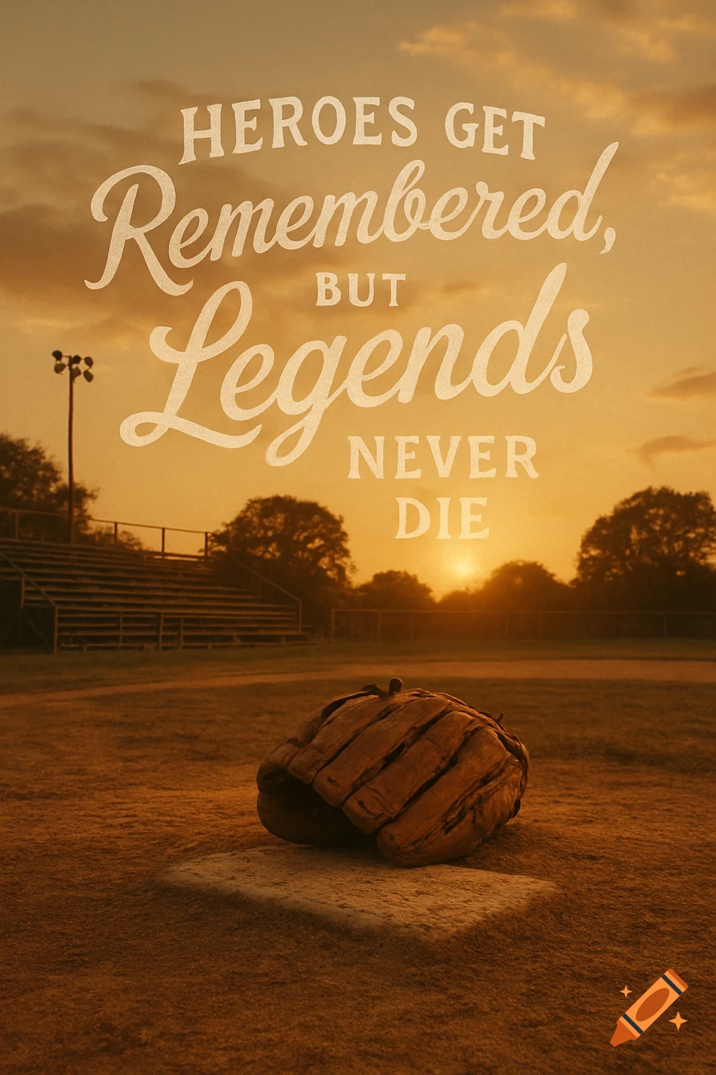 A baseball glove on home plate at a dusty field at sunset, with the quote "Heroes get Remembered, but Legends never die."