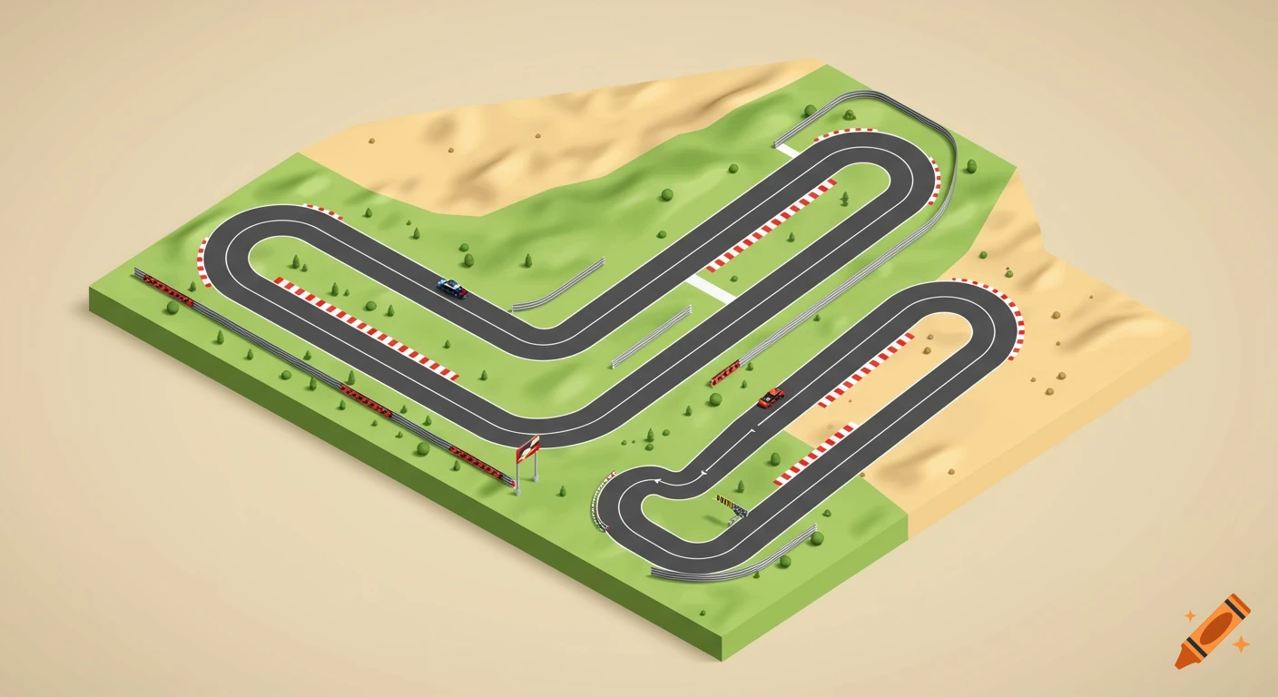 Isometric illustration of a winding race track with two cars, green grass, and sand.
