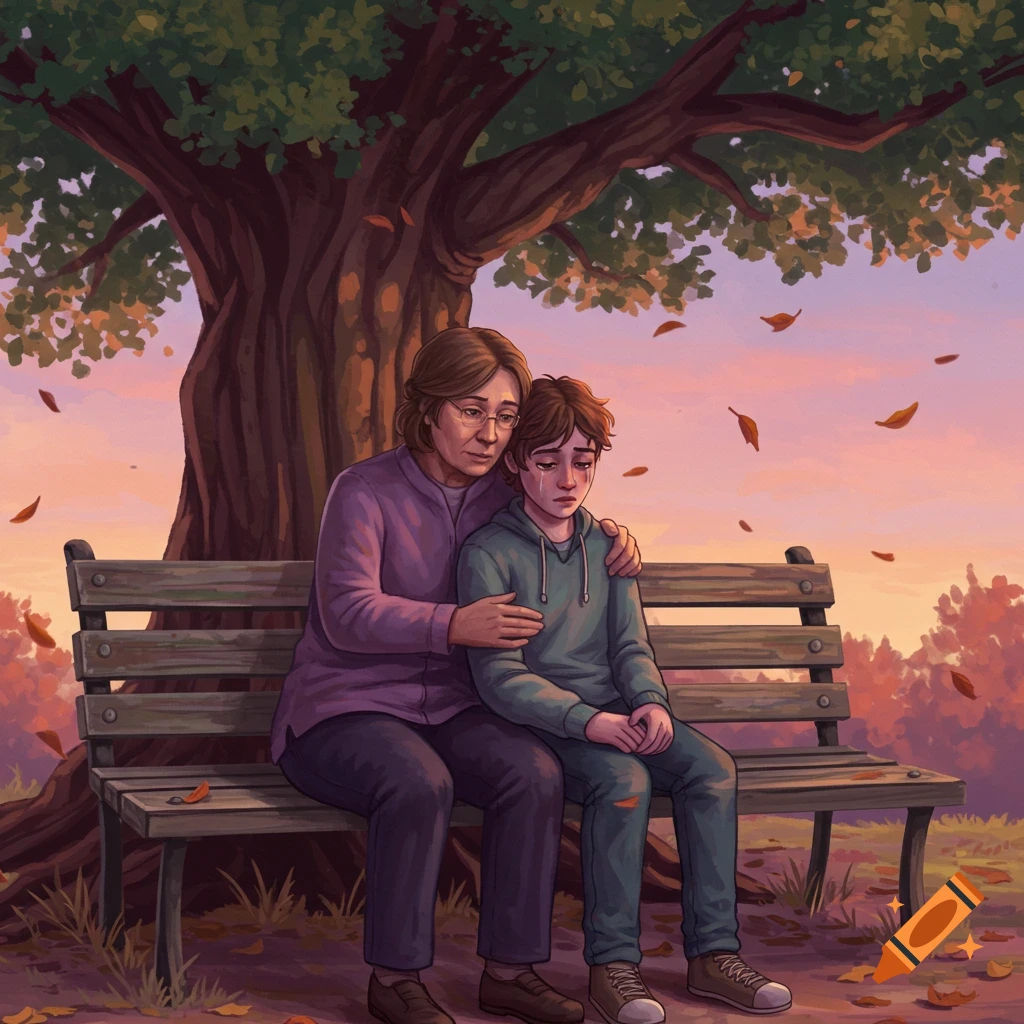 An older woman comforts a crying child on a park bench under a large tree with falling autumn leaves, illustration.