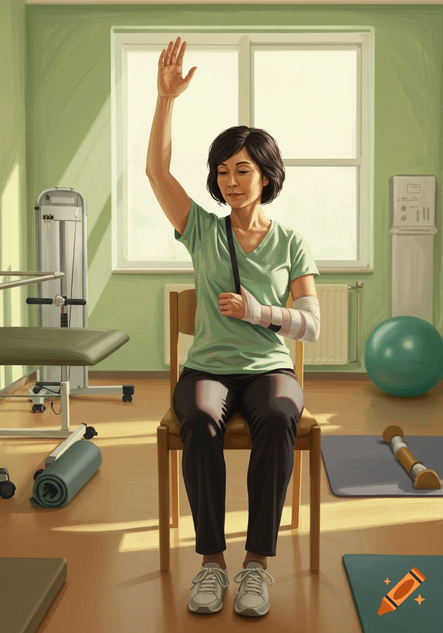 A woman with a bandaged left arm sits in a physiotherapy room, raising her right arm in exercise, with equipment around her.