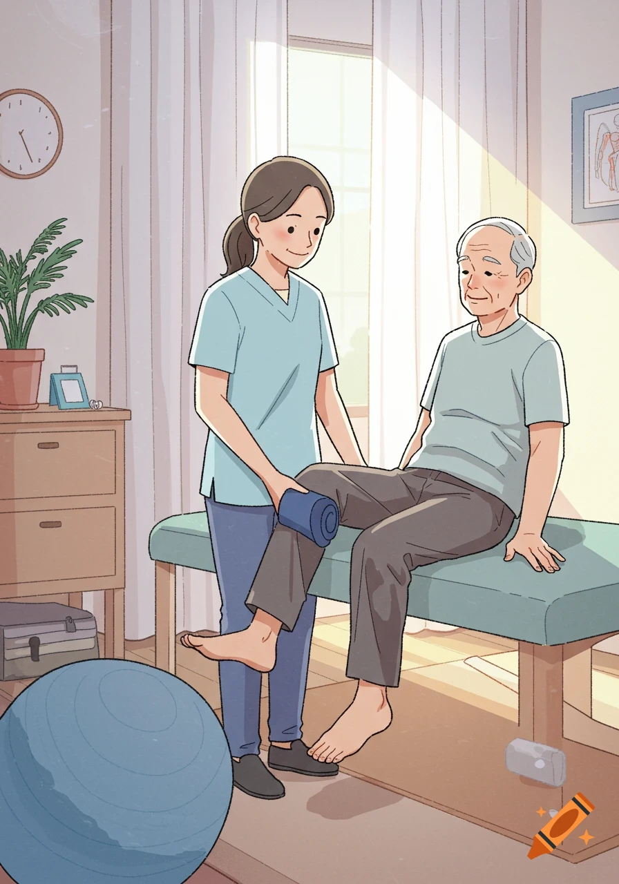 A female physical therapist assists an elderly man with knee rehabilitation on a bench in a bright room, in a soft-colored clipart style.