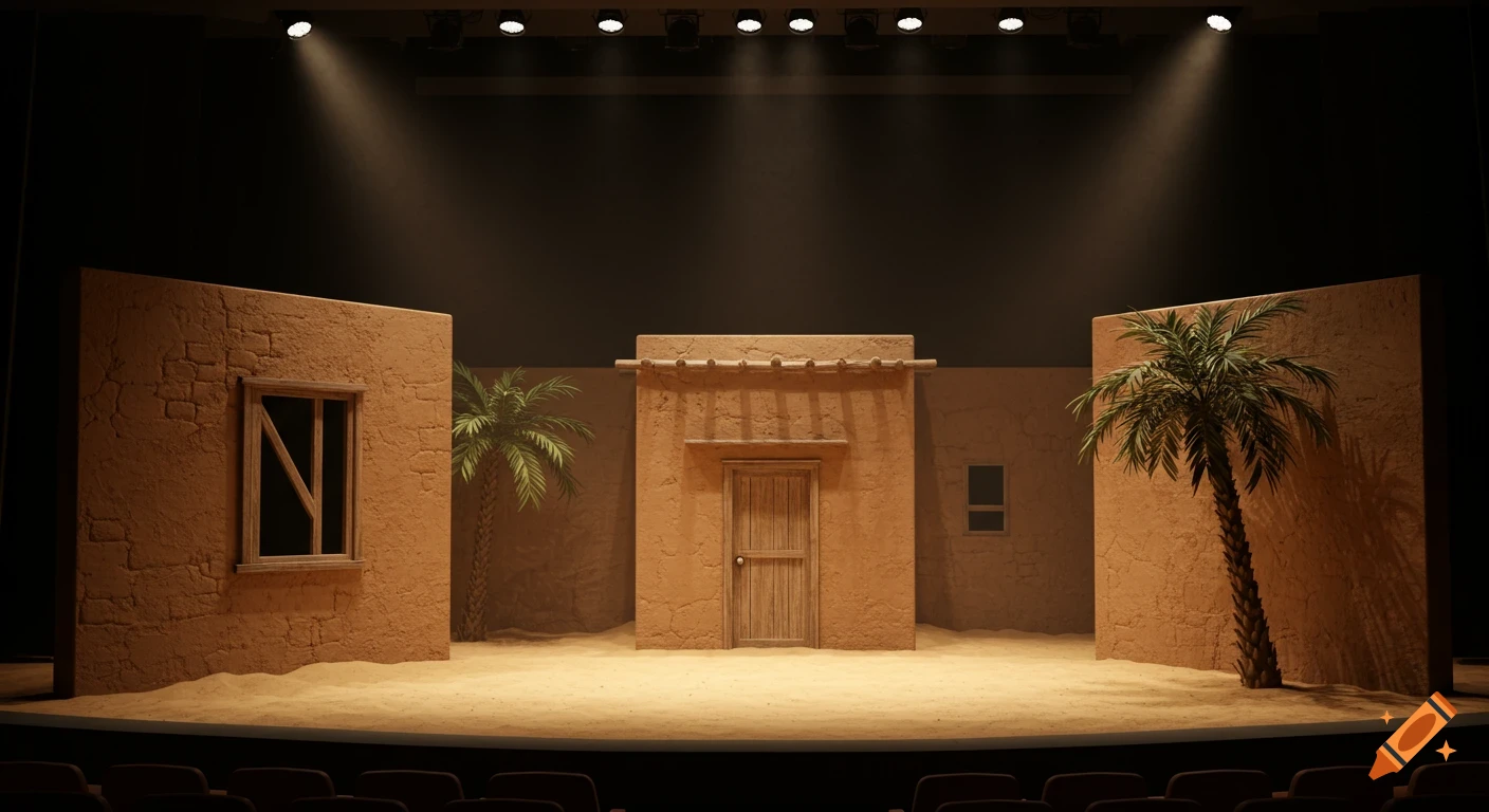 A realistic theater stage set with three mud-brick walls, old wooden door and window, palm trees, and sand floor under dramatic lighting.