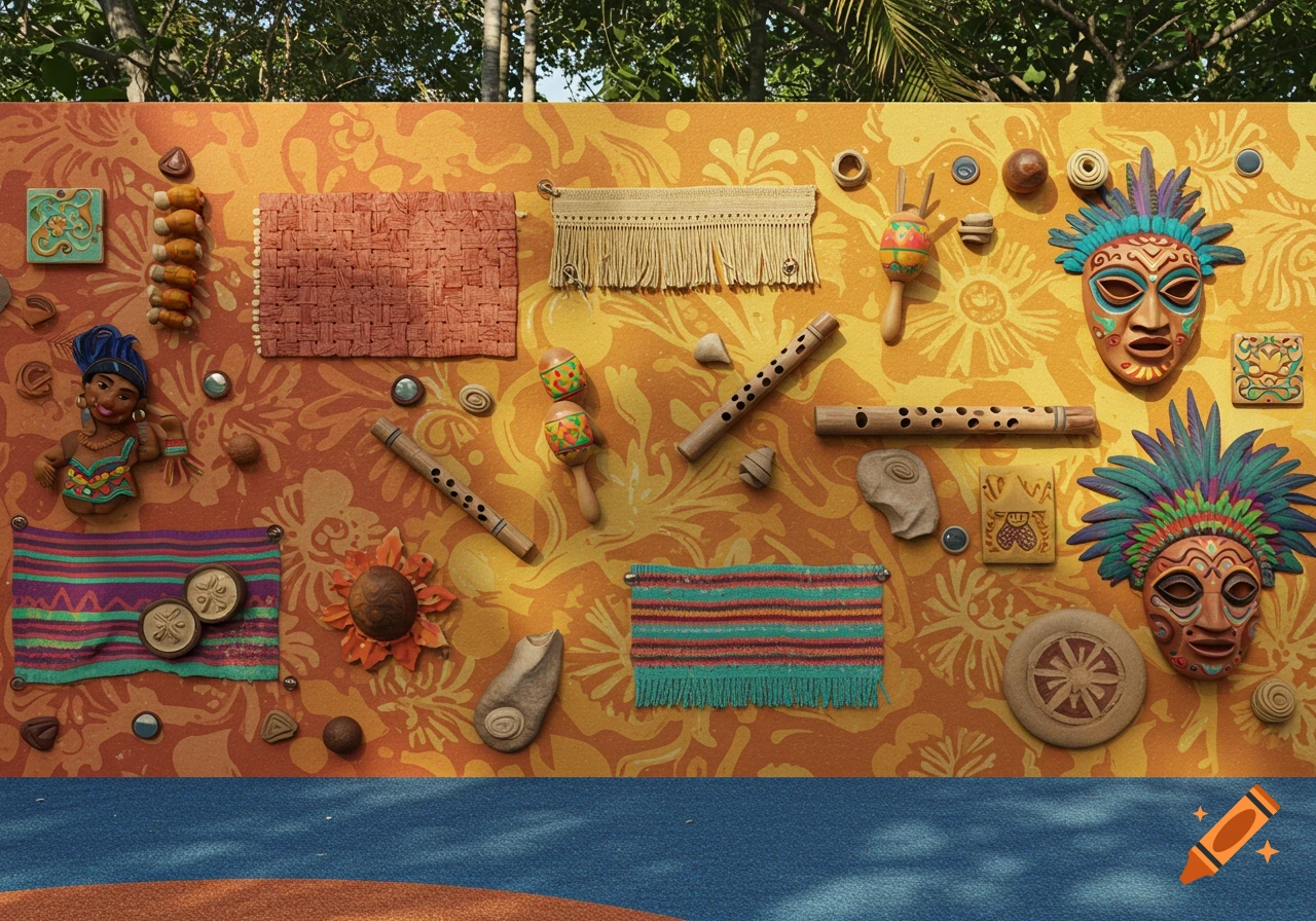 A colorful cultural sensory wall featuring tribal masks, flutes, maracas, and textiles on a patterned orange background, with jungle and beach elements.