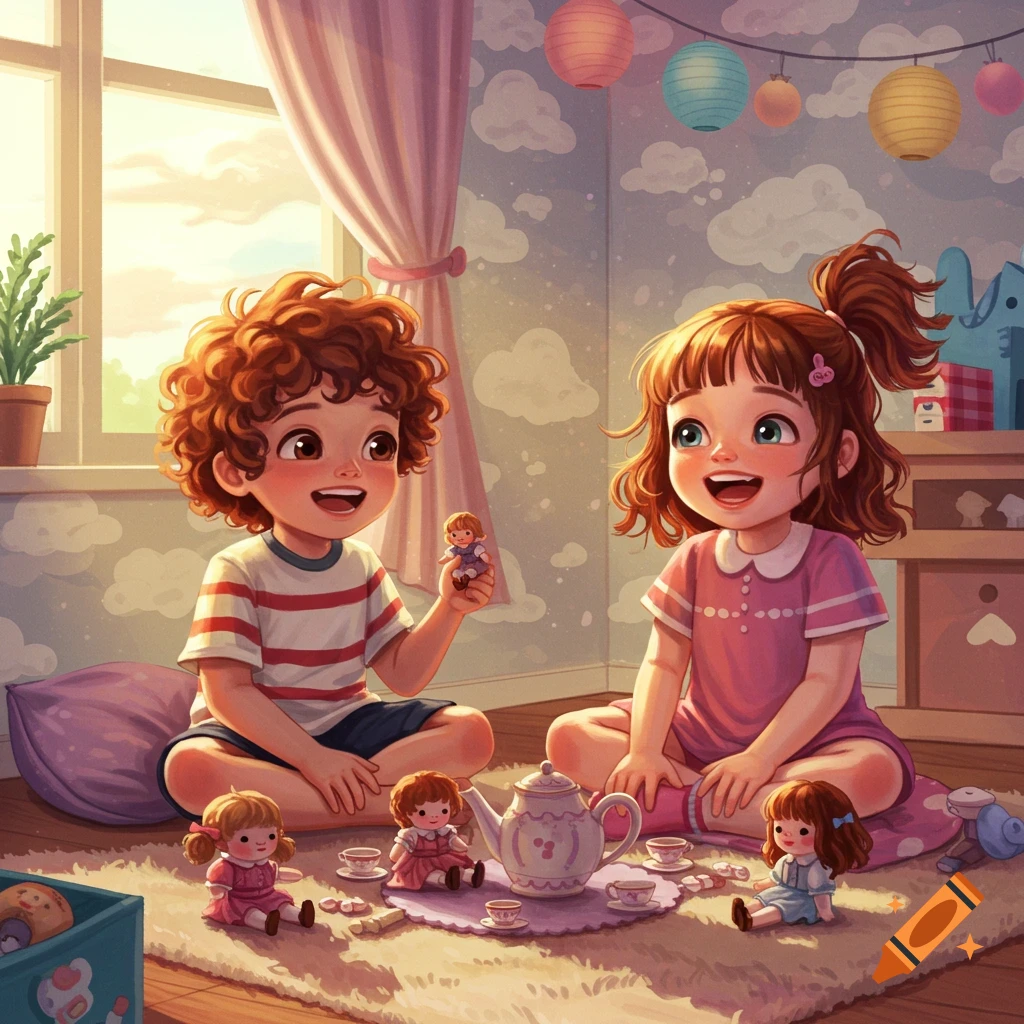 Illustration of a boy and a girl happily playing with dolls and a tea set on a fluffy rug in a sunny room with cloud wallpaper.