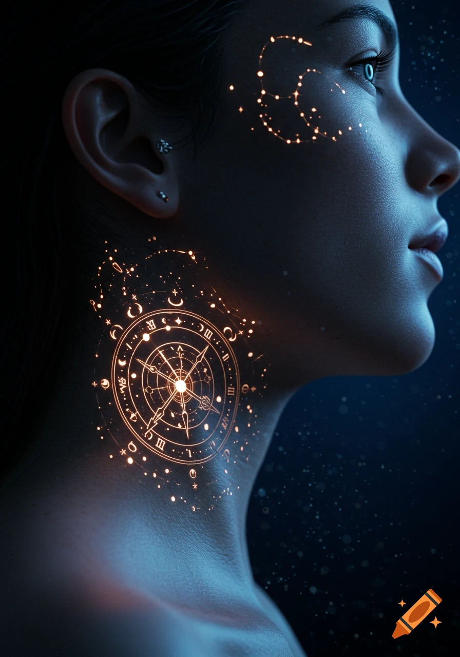 A woman's profile portrait with glowing orange celestial and clock-like symbols on her neck and face against a dark, starry background.