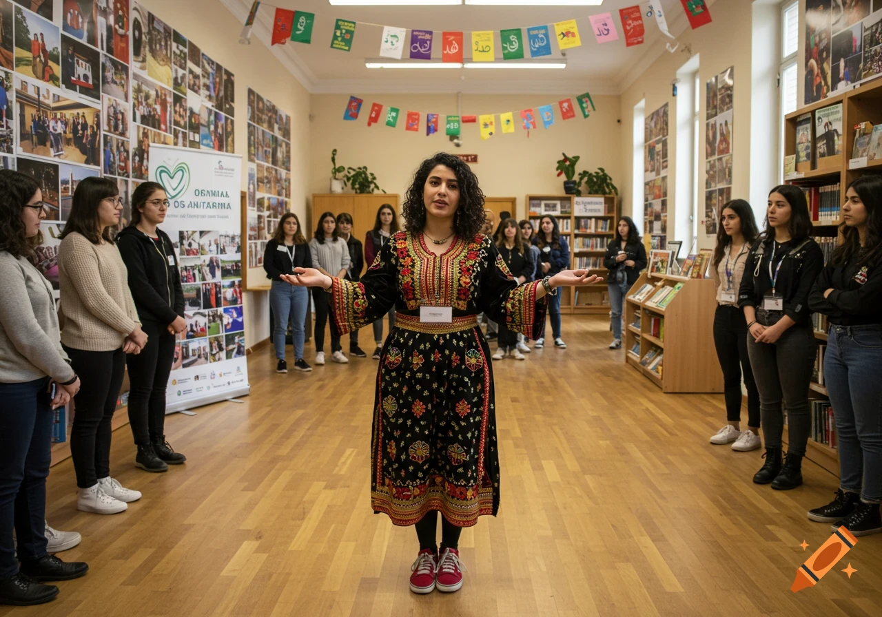 A woman in a black embroidered dress speaks to a group of young women in a room with a photo collage wall and bookshelves.