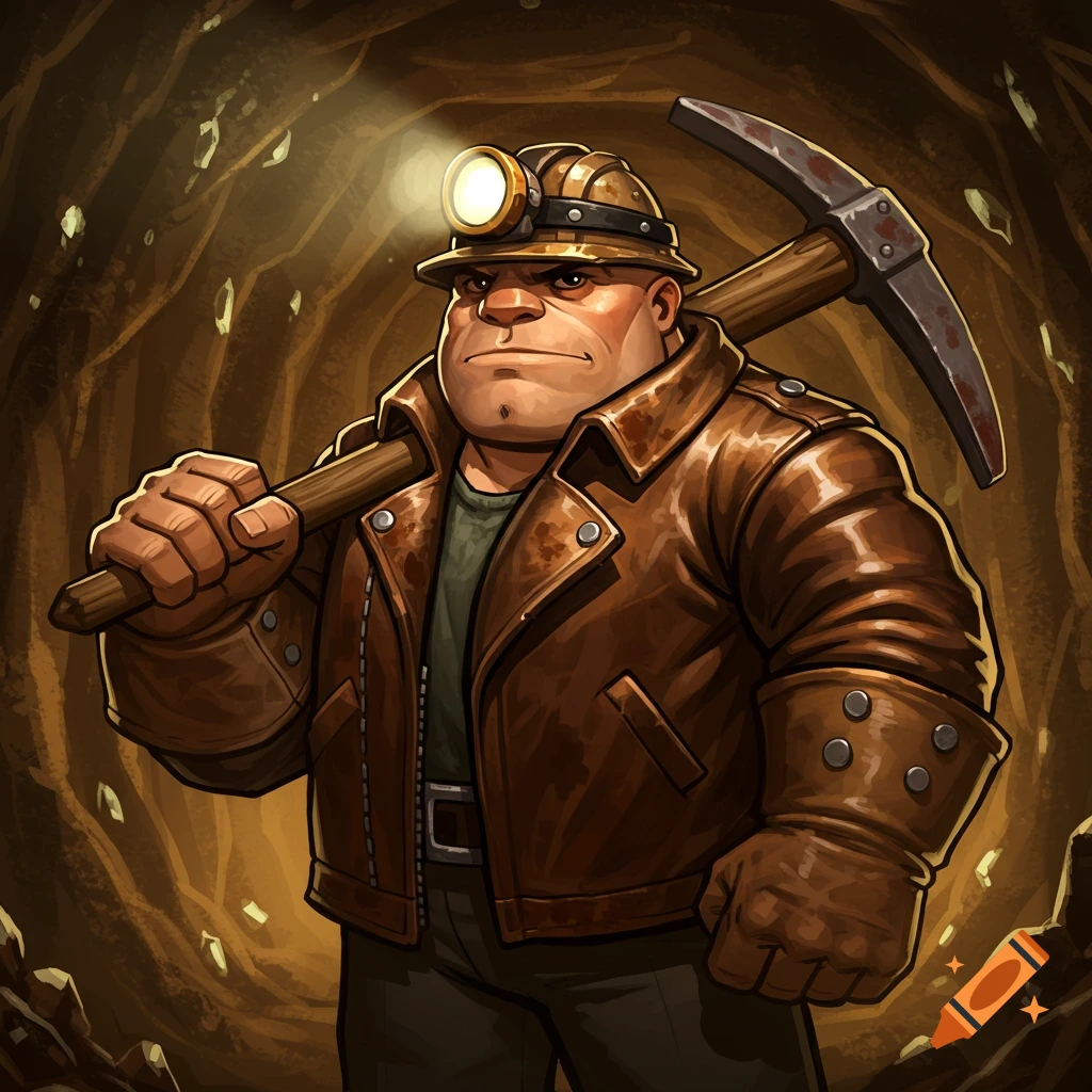 Cartoon illustration of a burly miner in a leather jacket and helmet with a headlamp, carrying a pickaxe in a dimly lit cave.