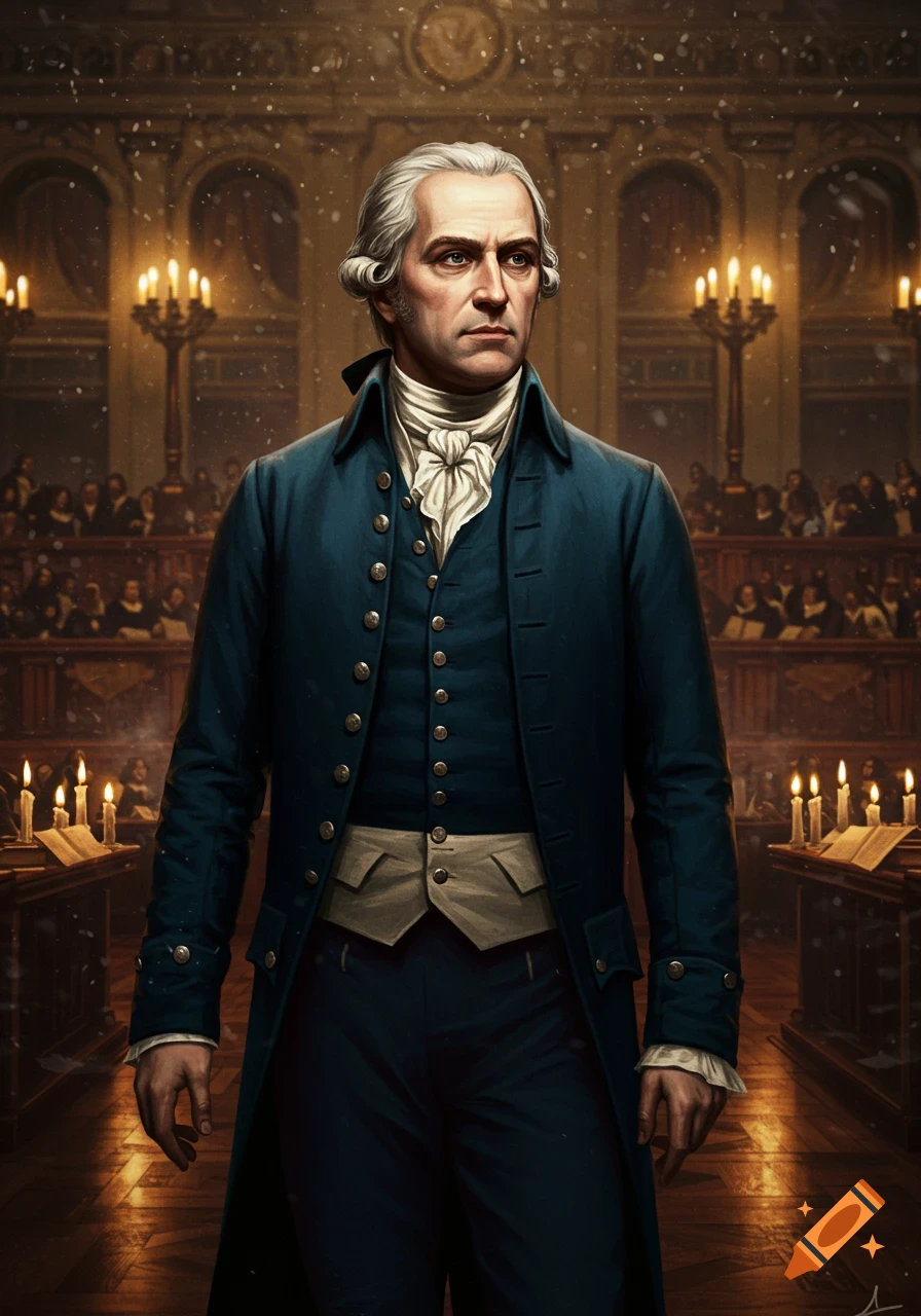A stern man resembling Robespierre in a blue coat and white cravat stands in a candlelit historical hall.