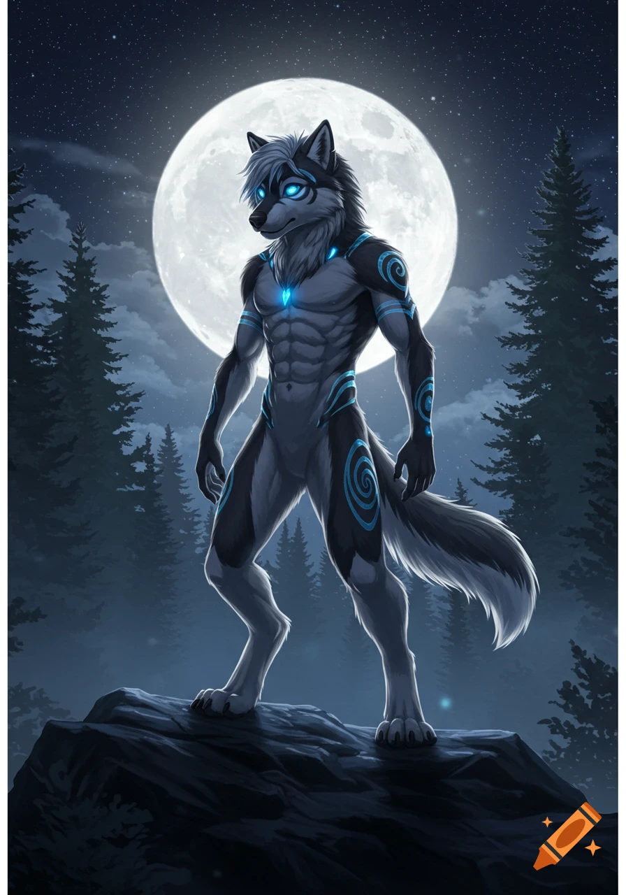 A muscular gray and black furry wolf with glowing blue eyes and patterns stands on a rock under a full moon in a night forest.
