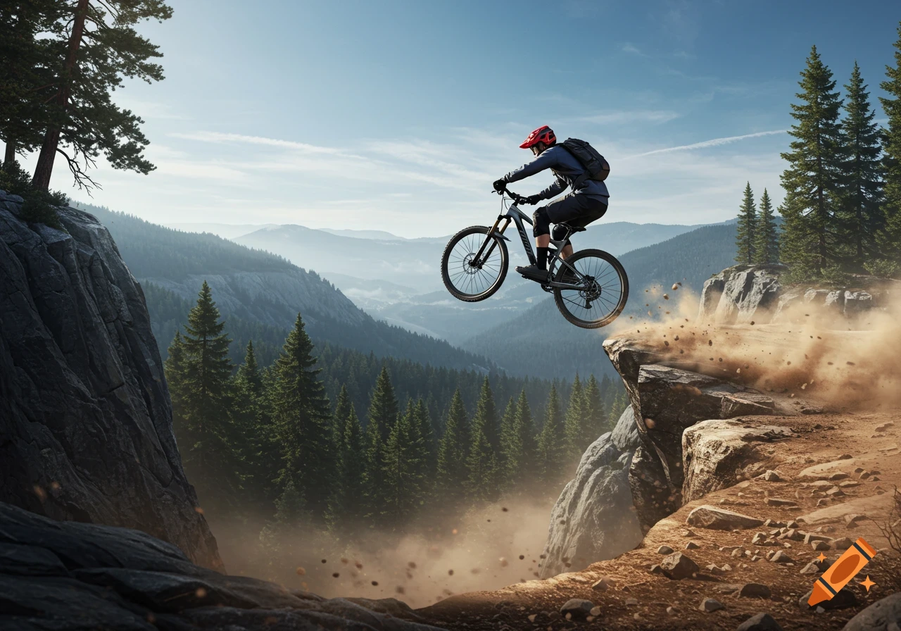 A photorealistic image of a mountain biker in mid-air, jumping off a dusty cliff edge with a vast forested valley and mountains in the background under a blue sky.