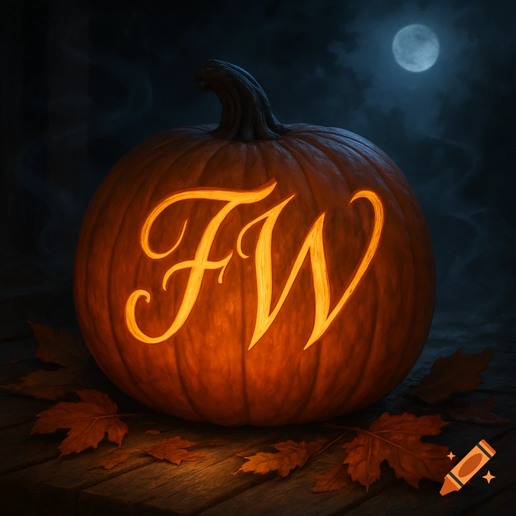 A carved Halloween pumpkin glows with the letters 'FW' on a wooden surface surrounded by autumn leaves under a full moon.