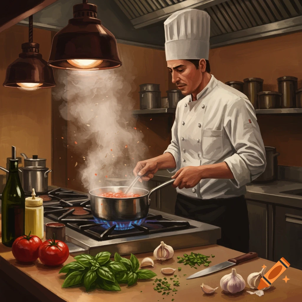 A chef in a white uniform cooks a pot of red sauce on a stovetop in a kitchen, with fresh tomatoes, basil, and garlic on the counter in a stylized illustration.