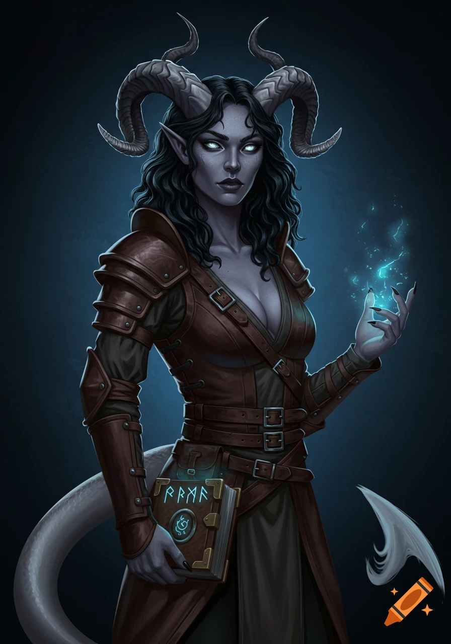 A dark fantasy portrait of a tiefling warlock with ash-gray skin, glowing eyes, horns, and dark curly hair, holding a rune book and casting a blue spell.