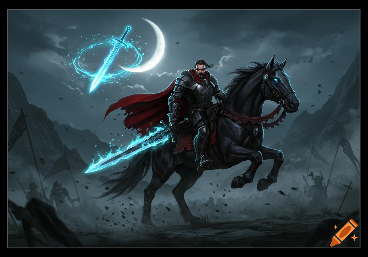 Armored warrior on a black horse, holding a glowing blue sword, with another floating sword under a crescent moon in a dark fantasy landscape.