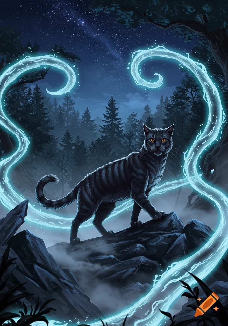 A striped black cat with glowing orange eyes stands on rocks in a dark ...