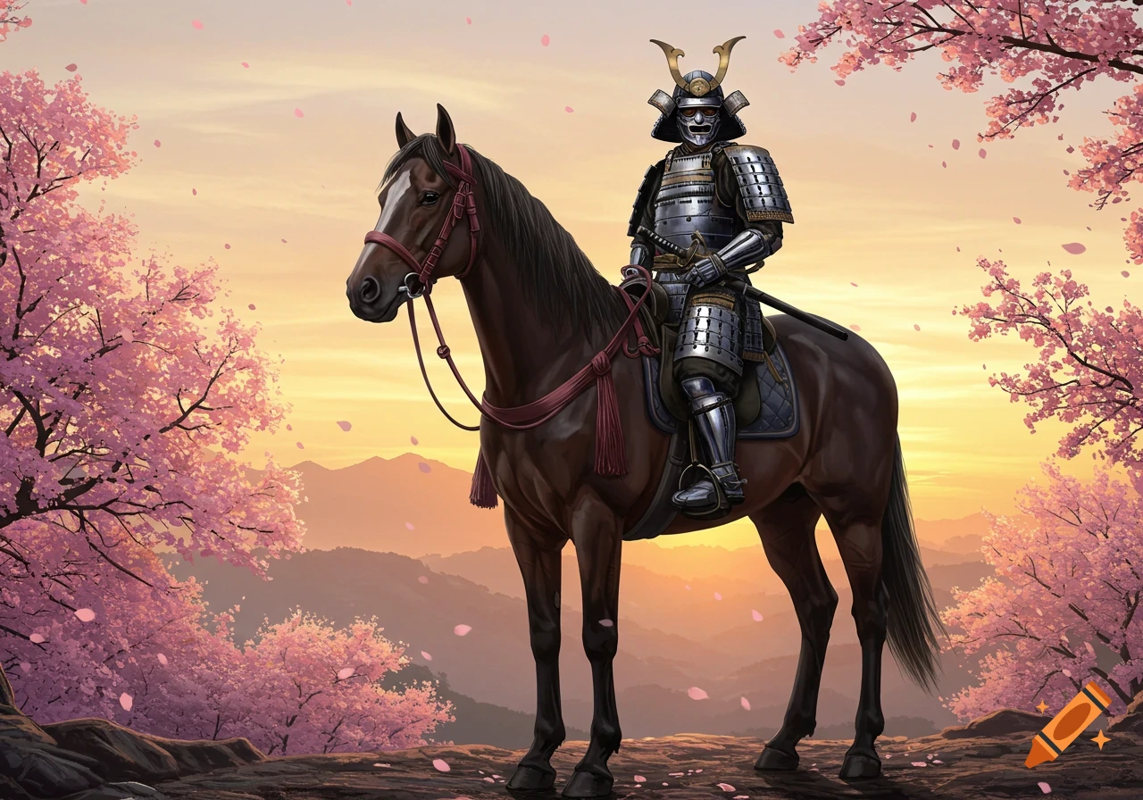 A samurai in ornate silver armor sits astride a dark horse amidst pink cherry blossom trees and mountains at sunset.