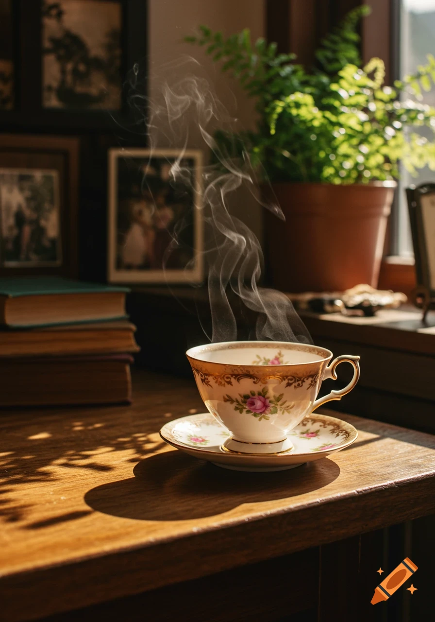Steaming teacup with floral pattern on a wooden table next to a stack of books and a potted plant, bathed in warm sunlight.