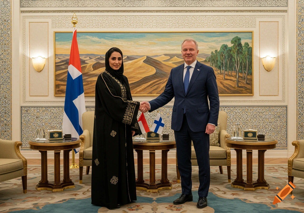 An Emirati female diplomat in a black abaya shakes hands with a Finnish male diplomat in a blue suit, standing in an ornate room with flags and a desert landscape painting.