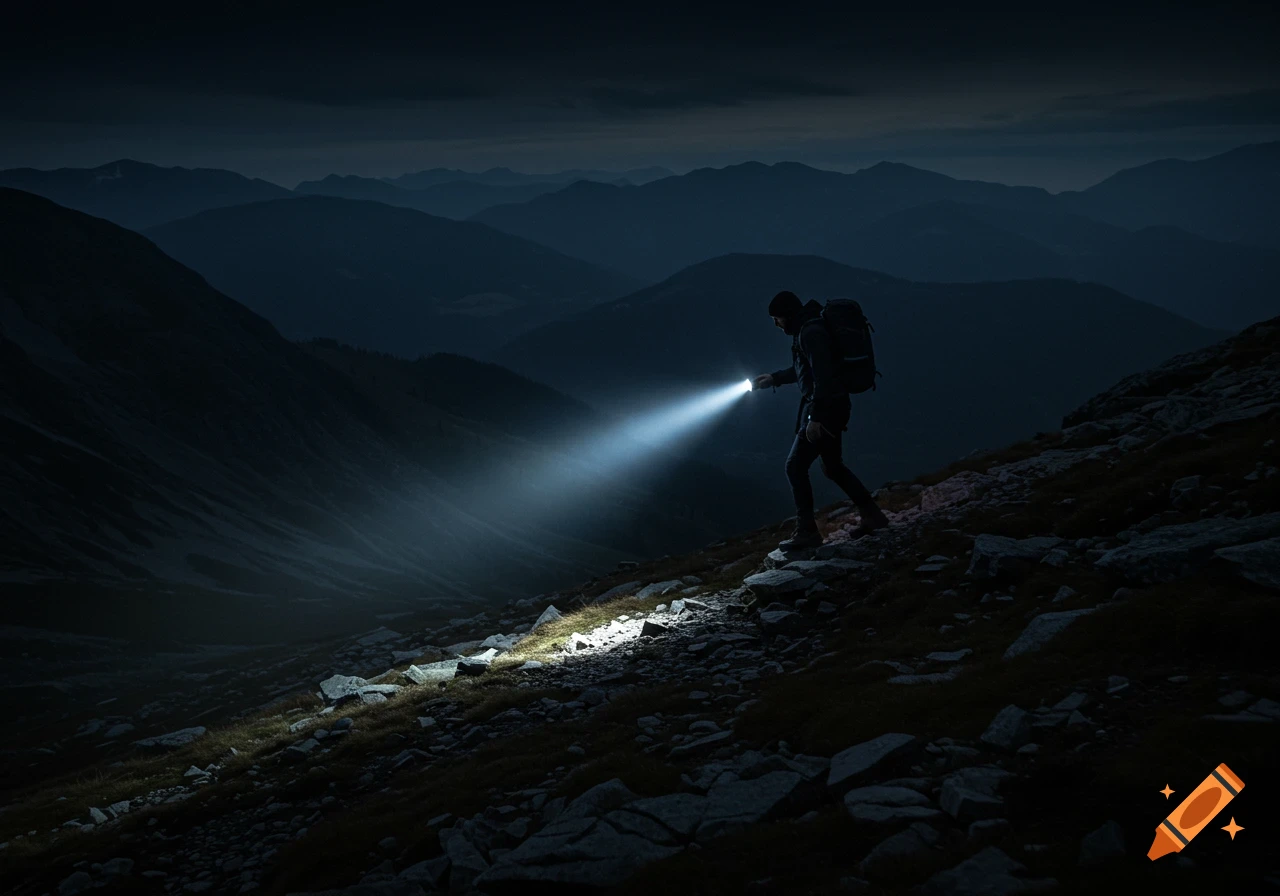 A man with a backpack walks down a dark, rocky mountain path at night, illuminating his way with a bright flashlight. Photorealistic style.