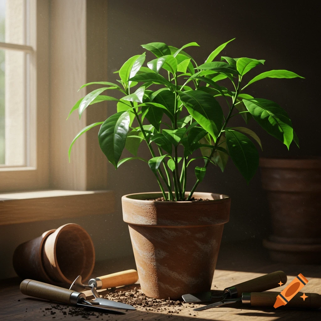 A vibrant green potted plant sits on a wooden table with gardening tools and spilled soil, illuminated by sunlight from a window.
