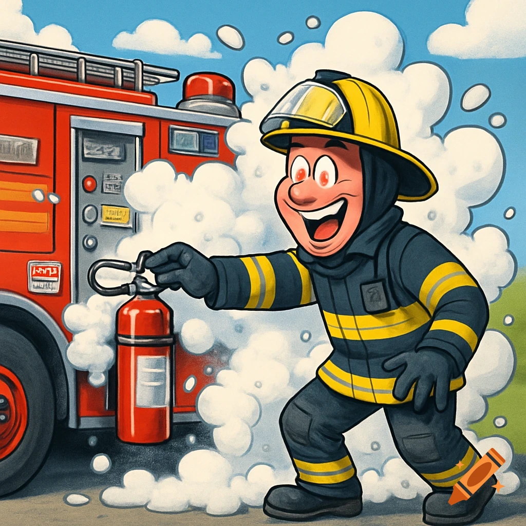 Cartoon firefighter with red eyes holding a fire extinguisher near a red fire truck, surrounded by white foam.