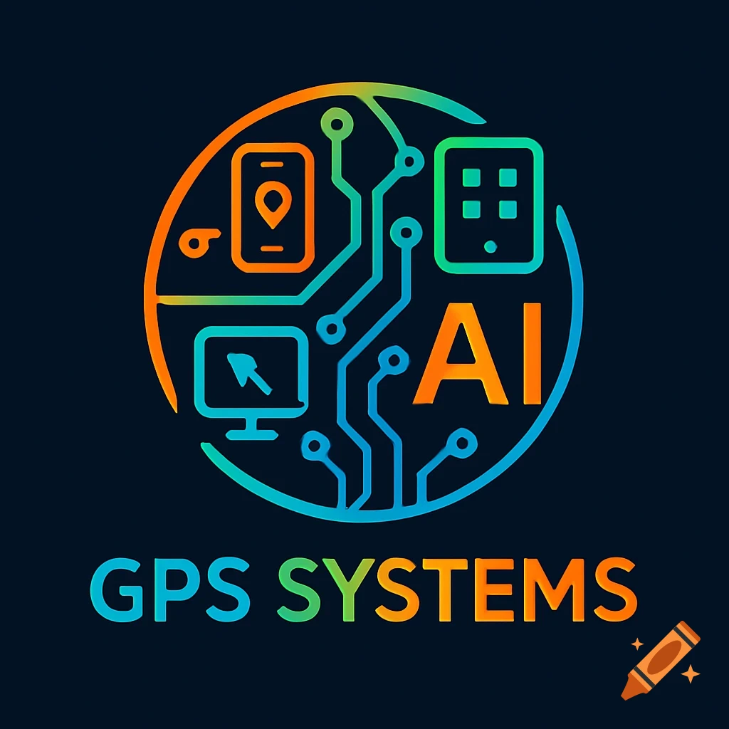 Vibrant logo for GPS SYSTEMS: circuit board connecting phone, tablet, monitor icons and 'AI' text within a gradient circle on dark blue.