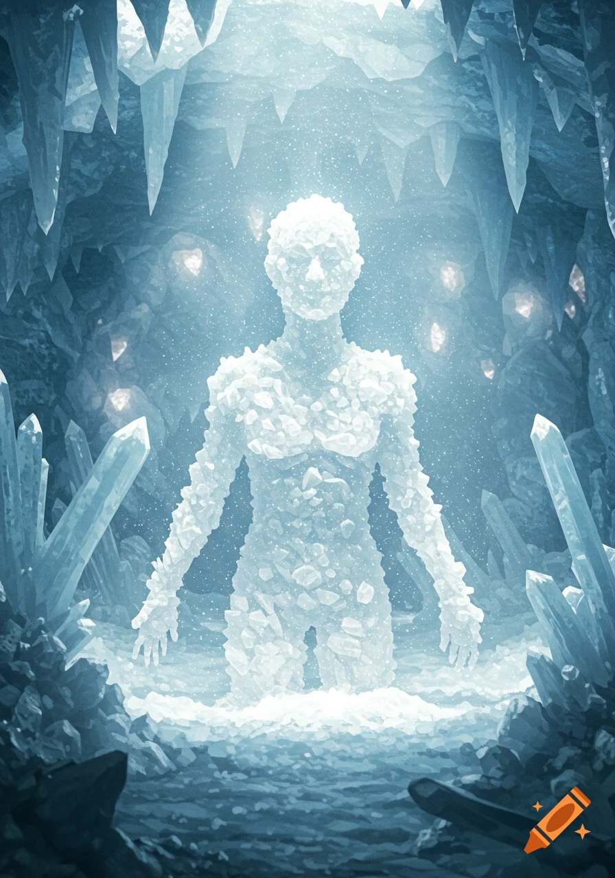 A glowing, translucent crystal humanoid figure stands in an ethereal ice cave with large ice formations and sparkling snow.