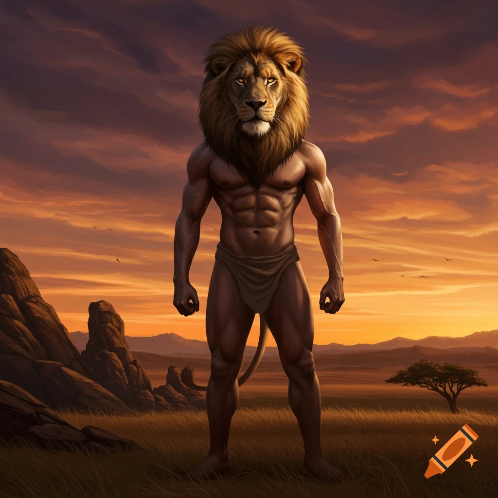 A muscular man with a lion's head, wearing a loincloth, stands in a savanna landscape at sunset.