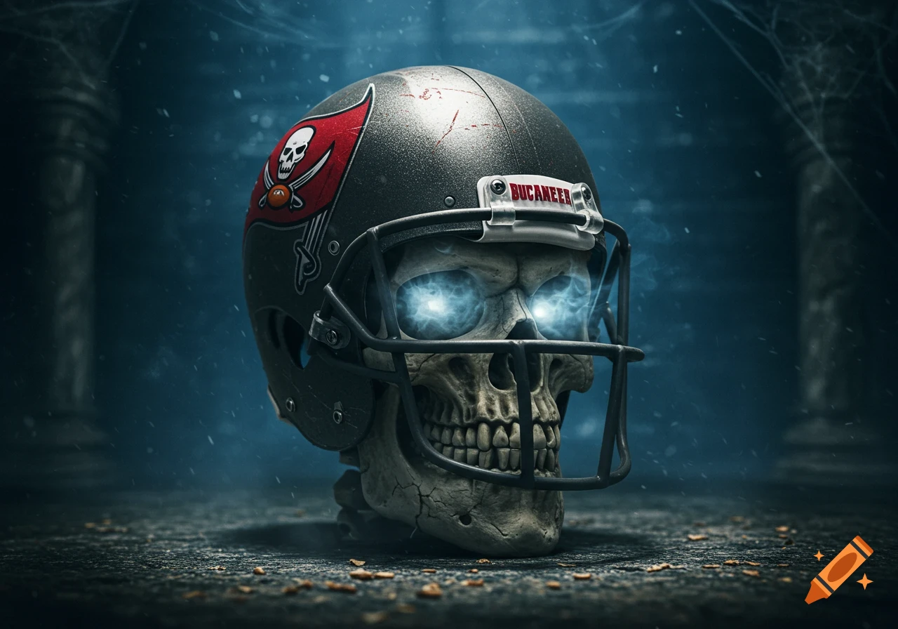 A detailed skull with glowing blue eyes wears a Tampa Bay Buccaneers football helmet in a dark, atmospheric setting.