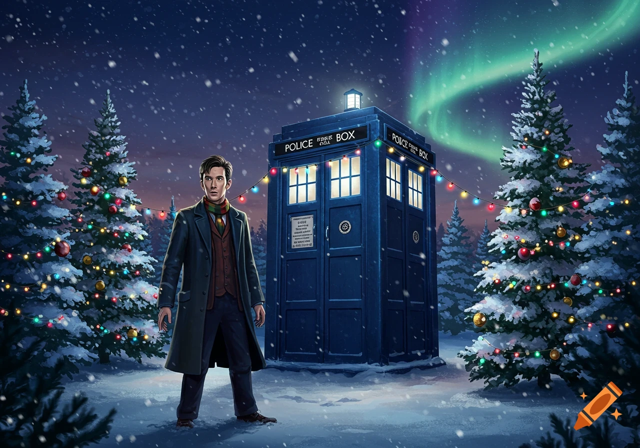 Illustration of the Doctor in a snowy forest with the TARDIS, decorated with Christmas lights, under the Northern Lights.