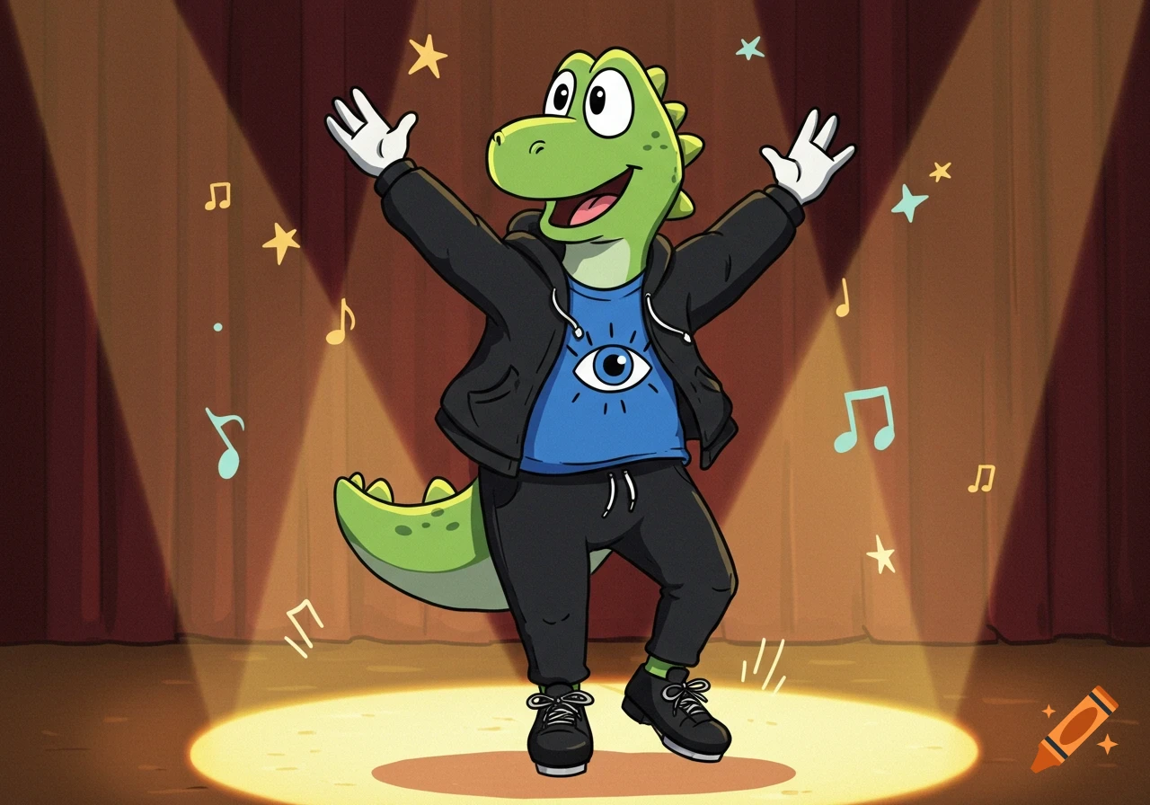 A cartoon green dinosaur wearing a black hoodie, blue eyeball t-shirt, white gloves, and black pants dances on a stage with spotlights, musical notes, and stars.