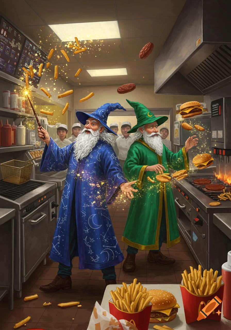 Two bearded wizards in robes and pointy hats magically conjuring burgers and fries in a McDonald's kitchen, while staff look on.