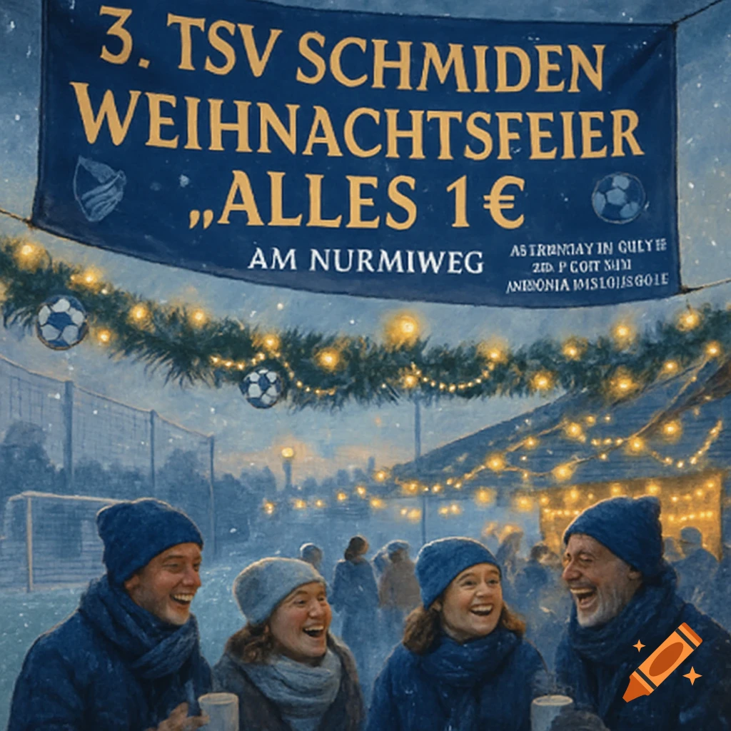 A festive winter gathering with people in blue hats and scarves laughing, under a banner for "3. TSV SCHMIDEN WEIHNACHTSFEIER" with soccer balls and string lights.