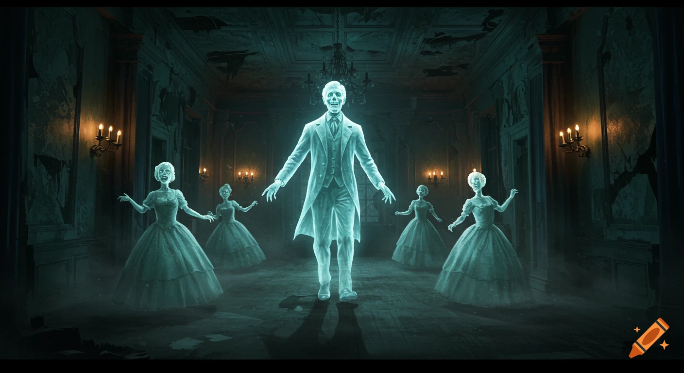 Translucent ghosts, including a central male figure, waltz in a dilapidated, dimly lit haunted mansion ballroom, creating an eerie, vintage atmosphere.
