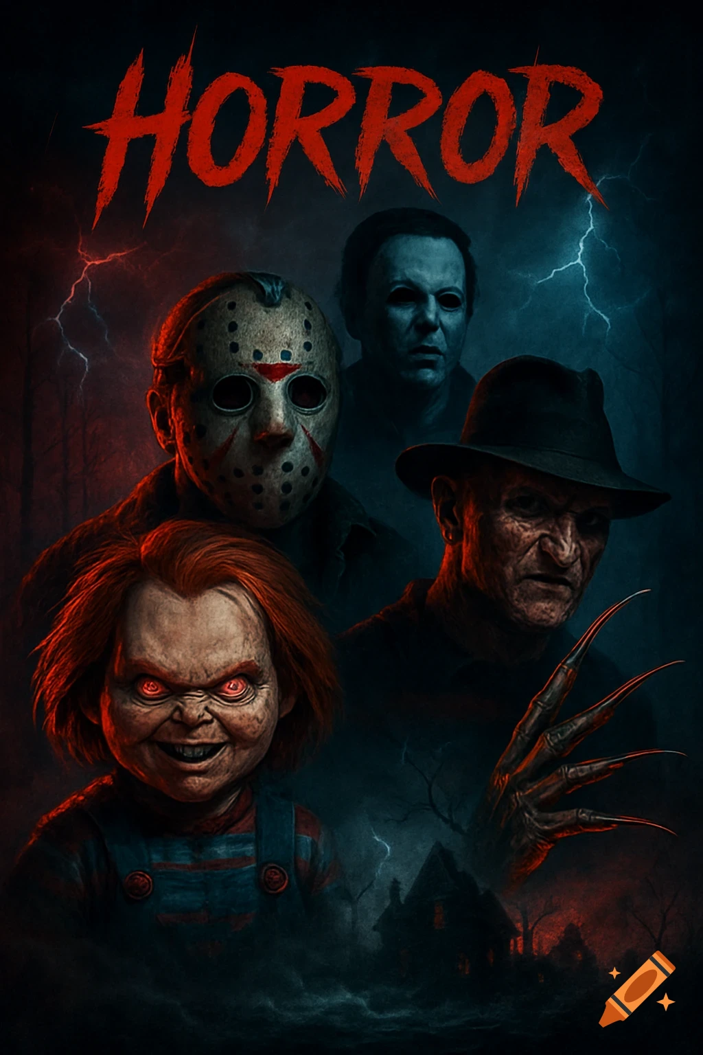 A horror movie poster featuring Chucky, Jason Voorhees, Michael Myers, and Freddy Krueger with 'HORROR' text at the top.
