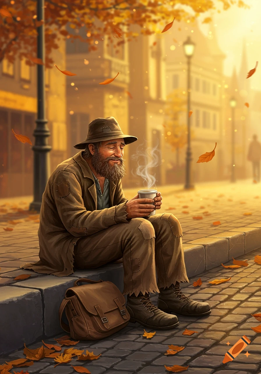 A content homeless man sits on a city curb during autumn, holding a steaming cup, with golden leaves falling around him.
