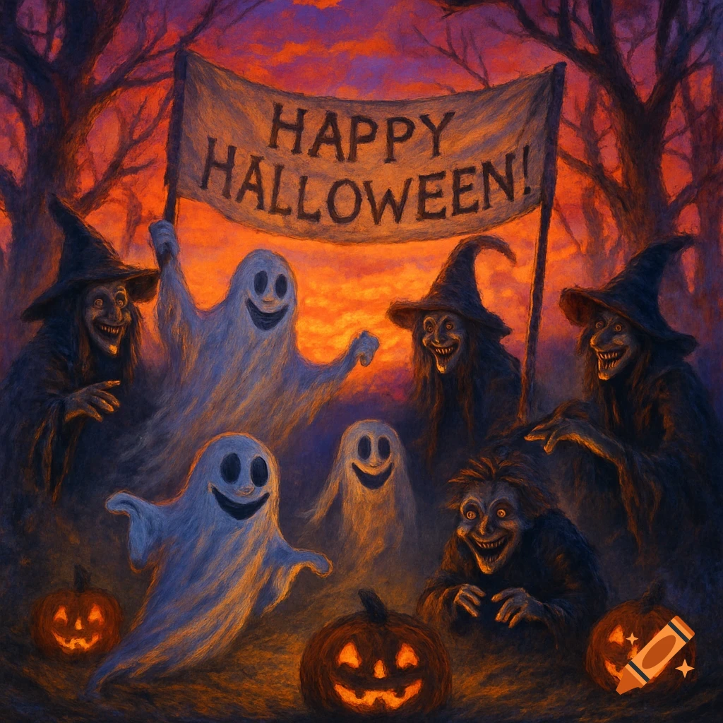 Painterly image of ghosts, ghouls, and witches in a spooky forest at sunset, holding a 'Happy Halloween' banner, with jack-o'-lanterns.
