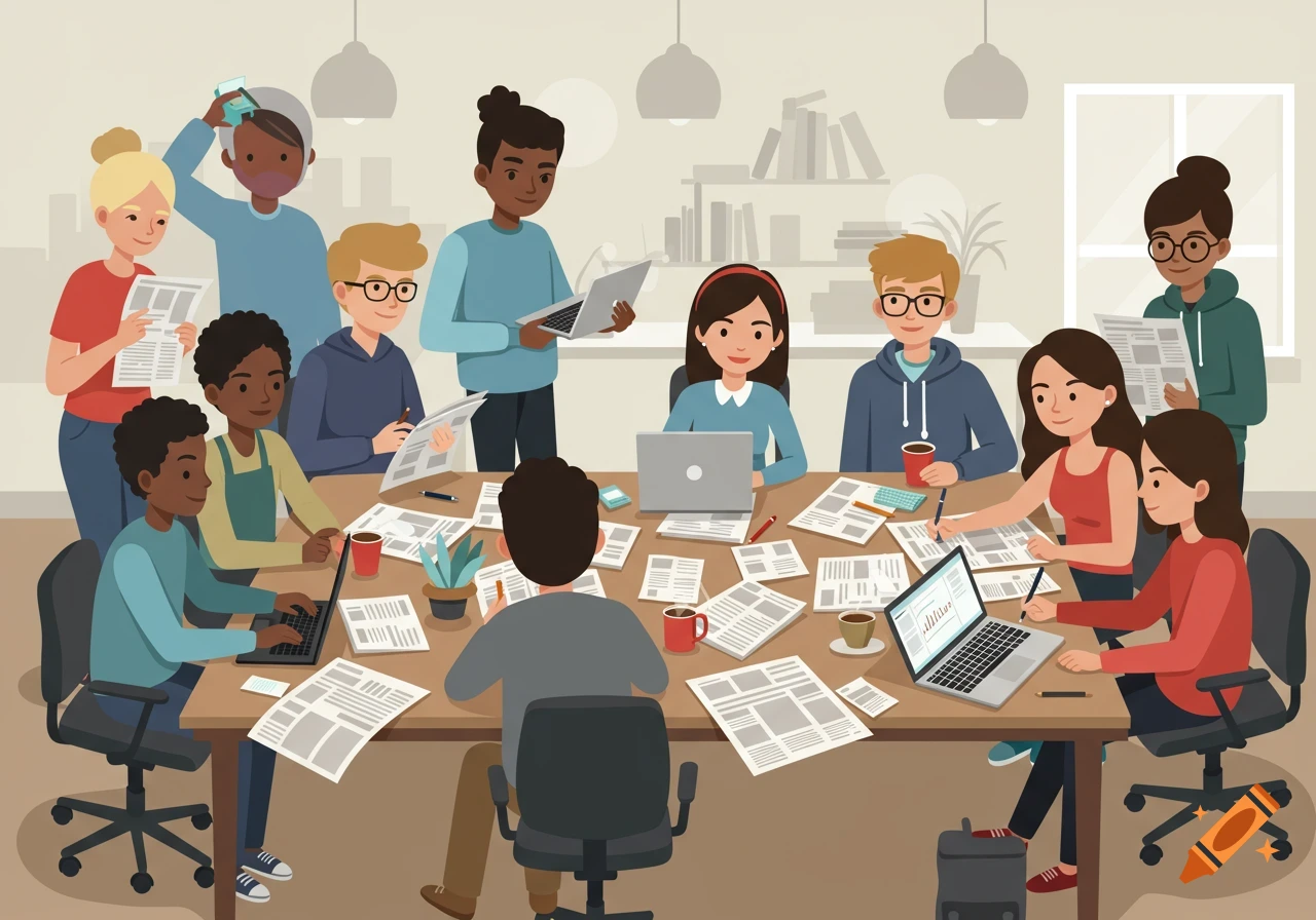 A diverse group of young people collaborate around a large table covered with papers and laptops in a brightly lit office.