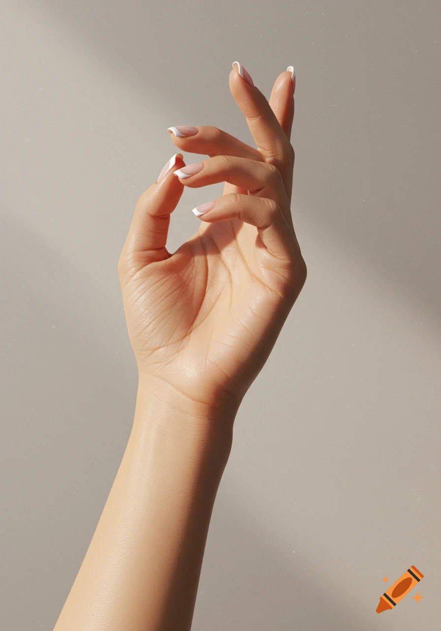 Close-up photorealistic image of a hand and fingers with a perfect white-tipped french manicure.