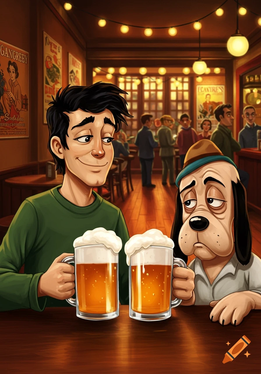A cartoon man and a Droopy-like dog sit at a pub table, each holding a foamy mug of beer.