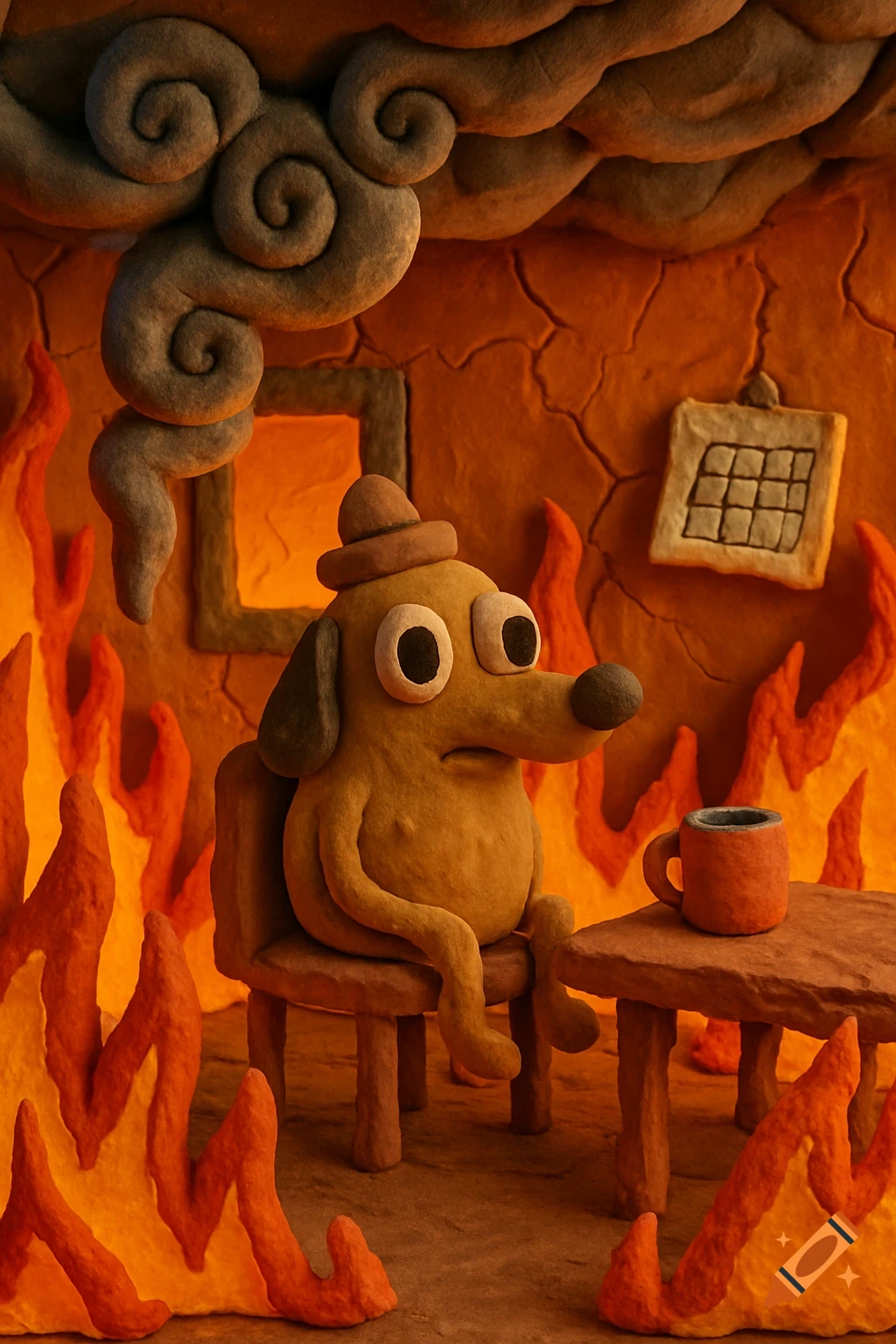 A claymation dog in a hat sits calmly at a table with a mug in a room engulfed in flames and smoke.