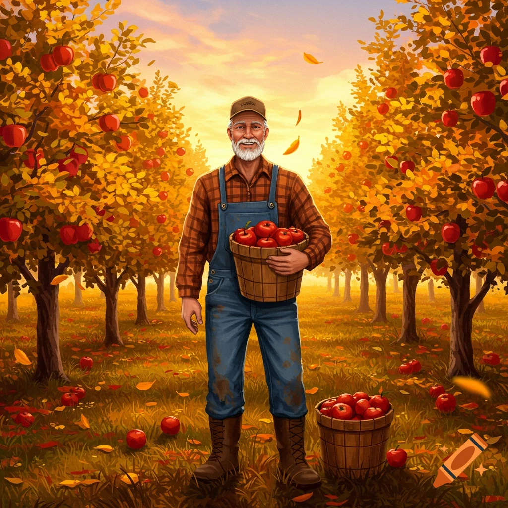 A smiling older farmer with a beard stands in a sunny apple orchard, holding a basket full of red apples and another on the ground.