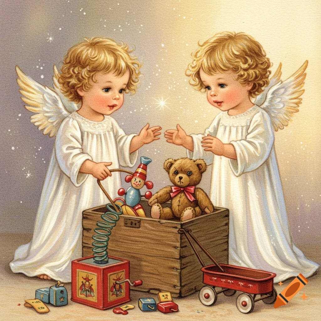 Two angelic children with wings and curly blonde hair pack a wooden box with vintage toys in a watercolor illustration.